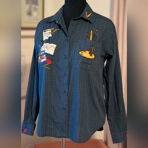 Art Themed Embroidered Purple & Green Plaid Button Up Shirt Medium